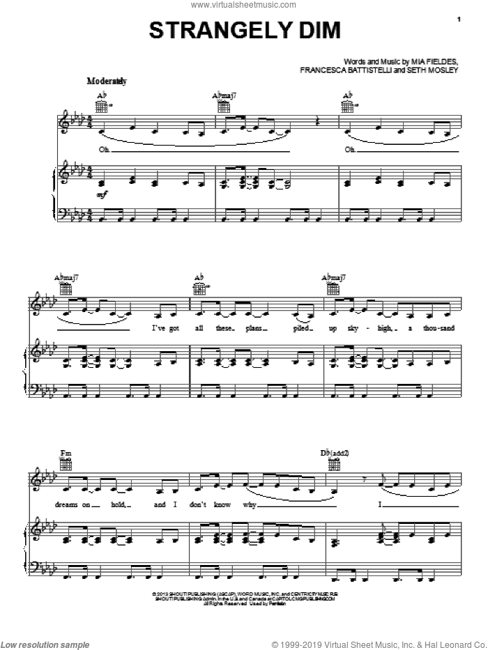 Strangely Dim sheet music for voice, piano or guitar by Francesca Battistelli, For King And Country, Mia Fields and Seth Mosley, intermediate skill level