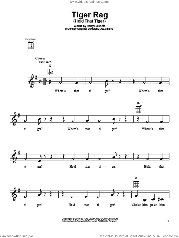 Tiger Rag (Hold That Tiger) sheet music for ukulele by Original Dixieland Jazz Band, intermediate skill level