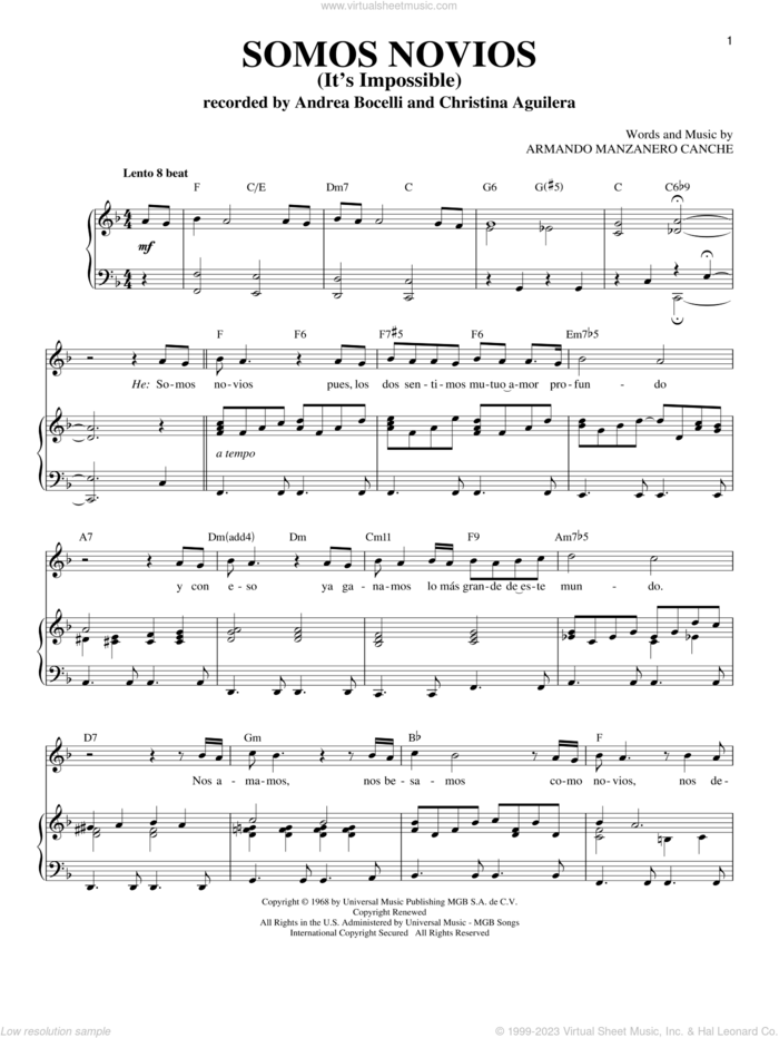Somos Novios (duet with Christina Aguilera) sheet music for voice and piano by Andrea Bocelli and Armando Manzanero Canche, classical score, intermediate skill level