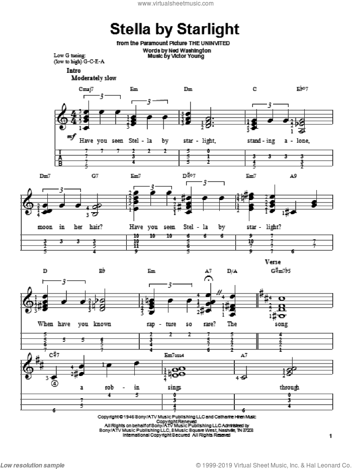 Stella By Starlight sheet music for ukulele by Ray Charles and Ned Washington, intermediate skill level