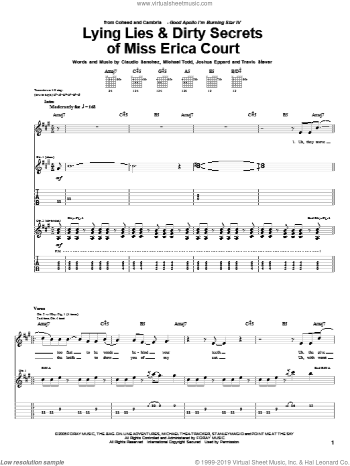 Lying Lies and Dirty Secrets Of Miss Erica Court sheet music for guitar (tablature) by Coheed And Cambria, Claudio Sanchez, Joshua Eppard, Michael Todd and Travis Stever, intermediate skill level