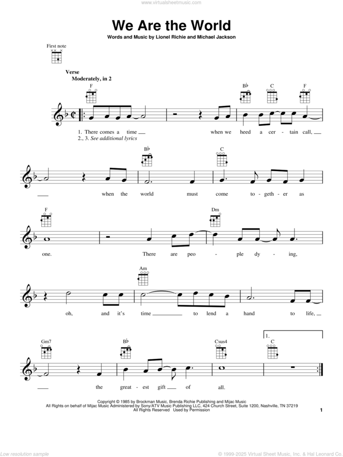 We Are The World sheet music for ukulele by USA For Africa, Lionel Richie and Michael Jackson, intermediate skill level