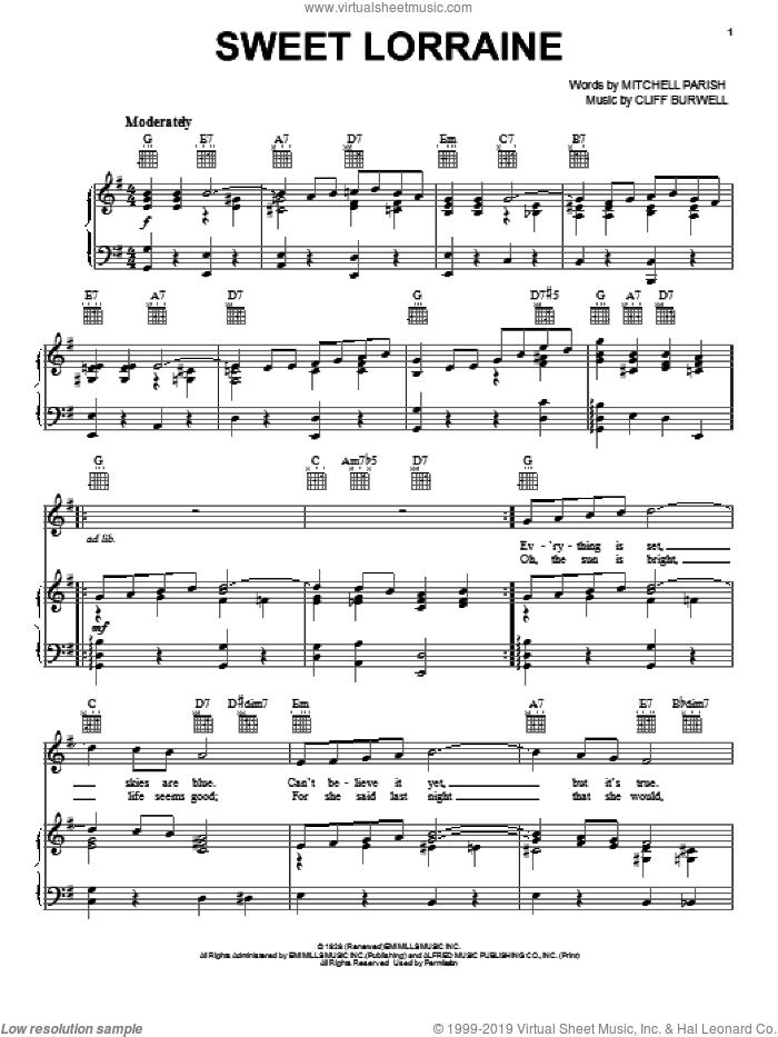Sweet Lorraine sheet music for voice, piano or guitar by Mitchell Parish, intermediate skill level