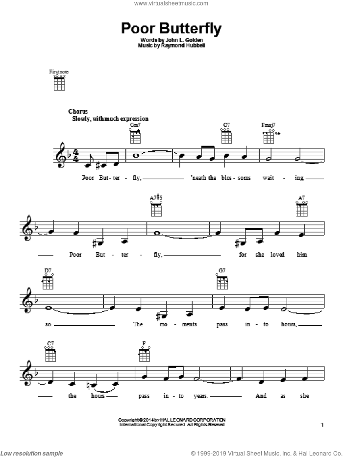 Poor Butterfly sheet music for ukulele by Raymond Hubbell, intermediate skill level