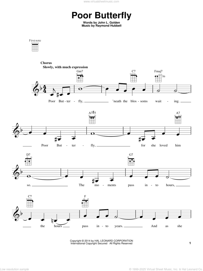 Poor Butterfly sheet music for ukulele by Raymond Hubbell, intermediate skill level