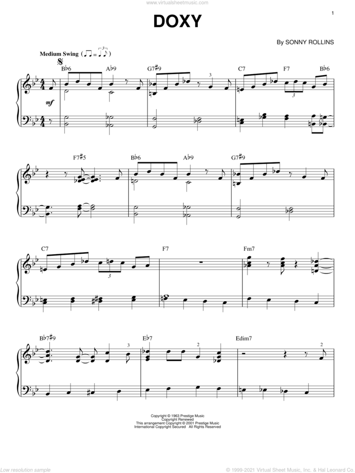 Doxy, (intermediate) sheet music for piano solo by Sonny Rollins, intermediate skill level