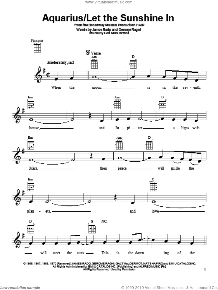 Aquarius sheet music for ukulele by The Fifth Dimension, intermediate skill level