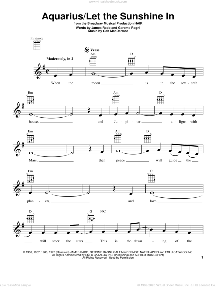 Aquarius sheet music for ukulele by The Fifth Dimension, intermediate skill level