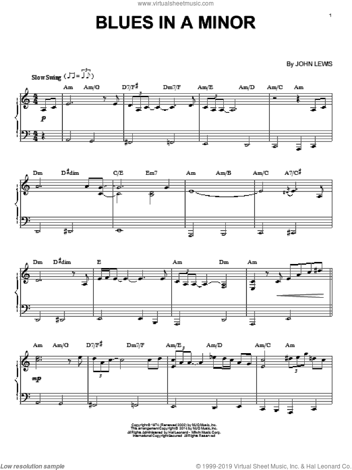 Blues In A Minor sheet music for piano solo by John Lewis, intermediate skill level