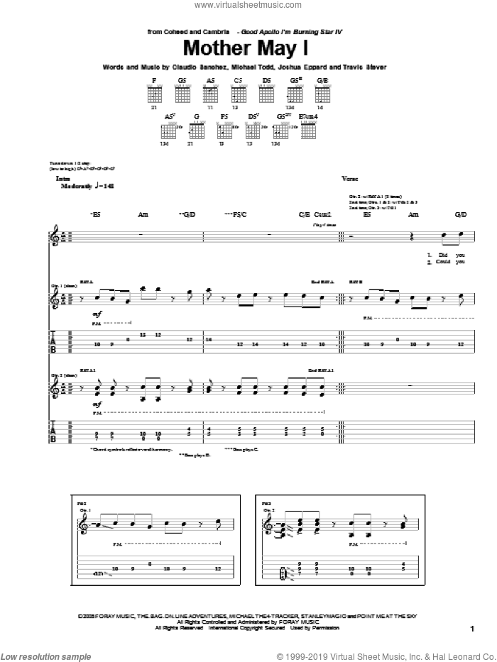 Mother May I sheet music for guitar (tablature) by Coheed And Cambria, Claudio Sanchez, Joshua Eppard, Michael Todd and Travis Stever, intermediate skill level