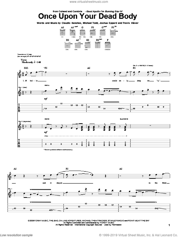 Once Upon Your Dead Body sheet music for guitar (tablature) by Coheed And Cambria, Claudio Sanchez, Joshua Eppard, Michael Todd and Travis Stever, intermediate skill level