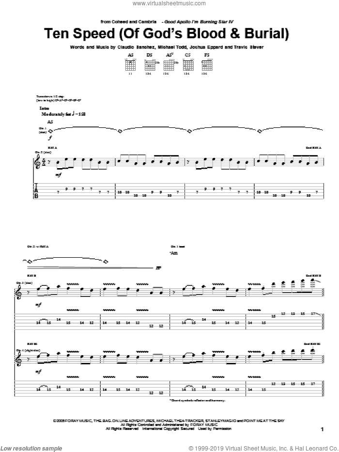 Ten Speed (Of God's Blood and Burial) sheet music for guitar (tablature) by Coheed And Cambria, Claudio Sanchez, Joshua Eppard, Michael Todd and Travis Stever, intermediate skill level