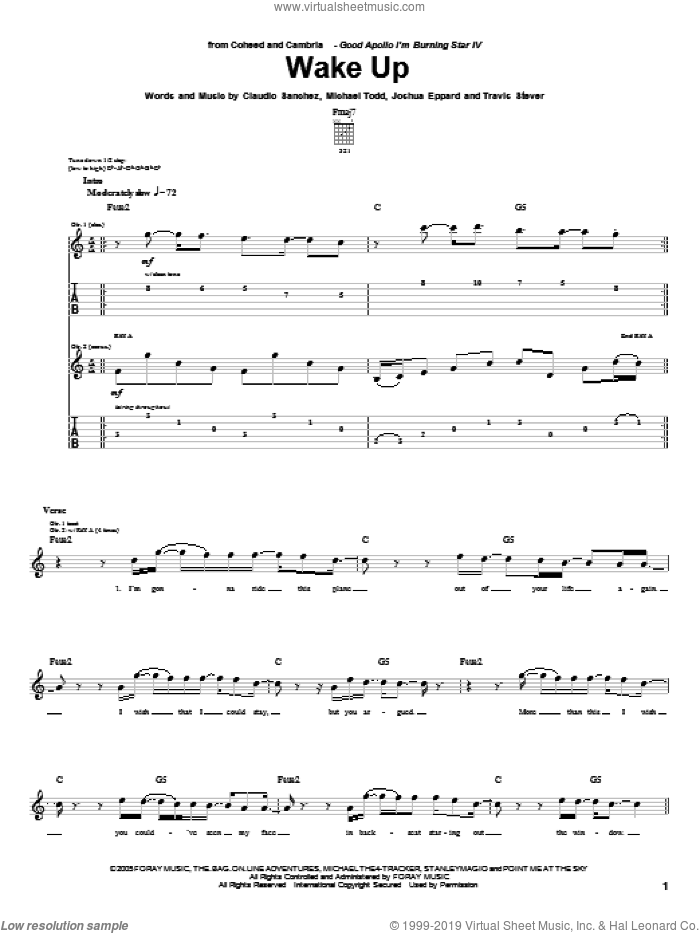 Wake Up sheet music for guitar (tablature) by Coheed And Cambria, Claudio Sanchez, Joshua Eppard, Michael Todd and Travis Stever, intermediate skill level