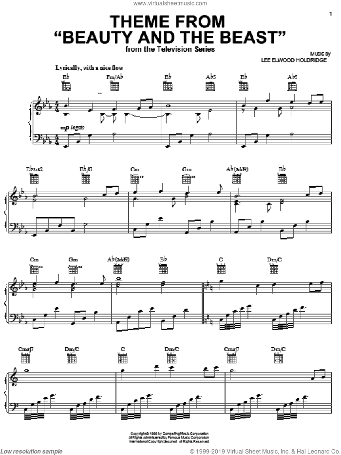 Theme from Beauty And The Beast sheet music for voice, piano or guitar by Lee Elwood Holdridge, intermediate skill level
