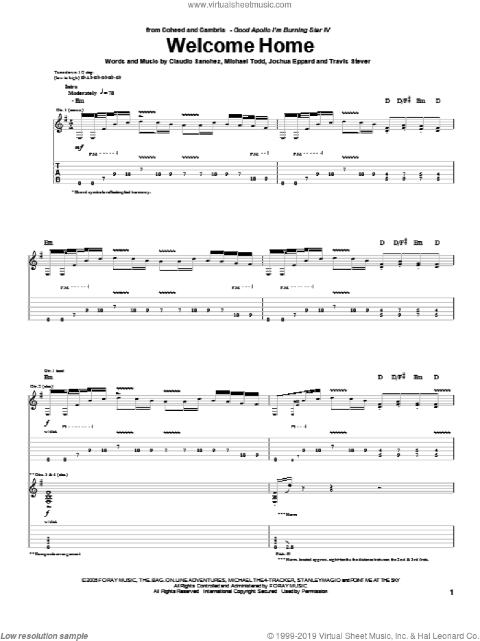 Welcome Home sheet music for guitar (tablature) by Coheed And Cambria, Claudio Sanchez, Joshua Eppard, Michael Todd and Travis Stever, intermediate skill level