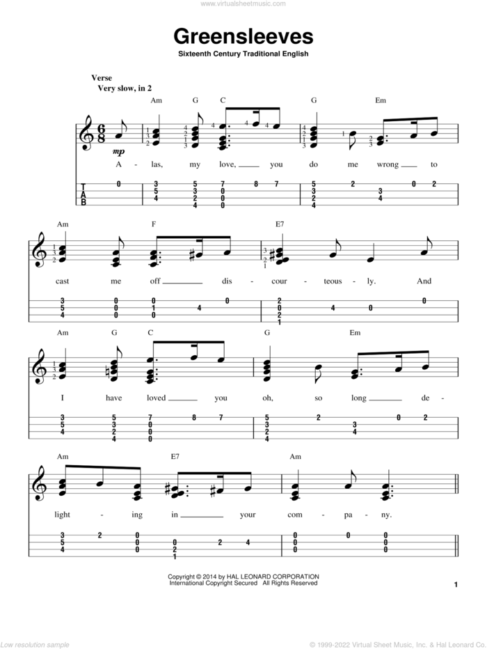 Greensleeves sheet music for ukulele, intermediate skill level