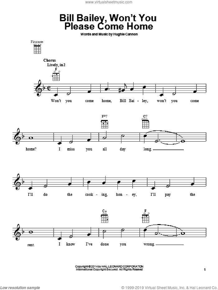 Bill Bailey, Won't You Please Come Home sheet music for ukulele by Hughie Cannon, intermediate skill level