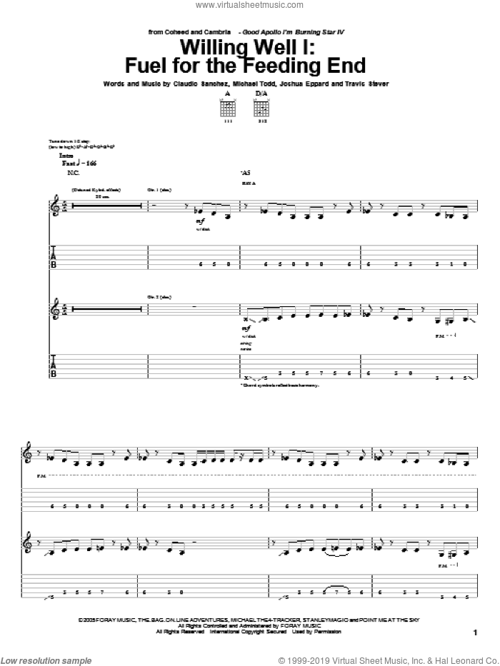 Willing Well I: Fuel For The Feeding End sheet music for guitar (tablature) by Coheed And Cambria, Claudio Sanchez, Joshua Eppard, Michael Todd and Travis Stever, intermediate skill level