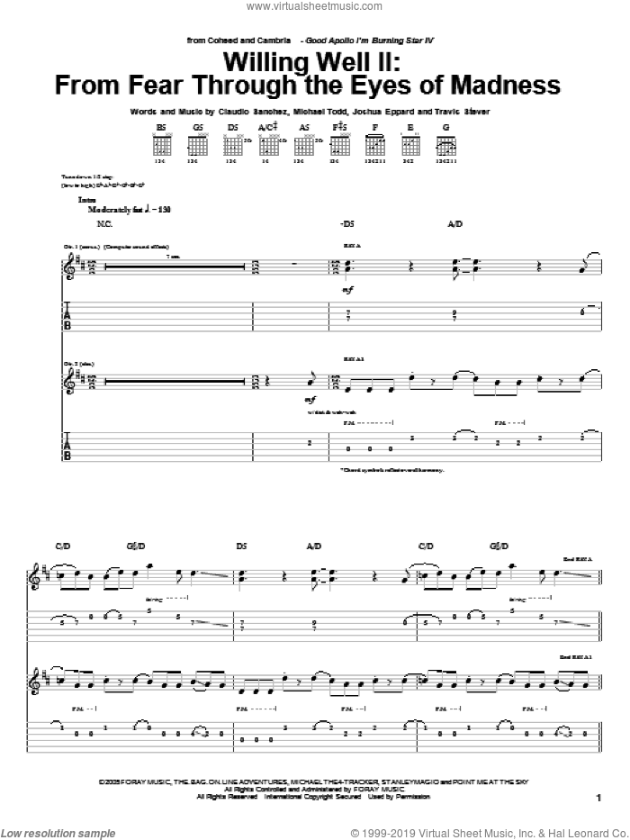 Willing Well II: From Fear Through The Eyes Of Mad sheet music for guitar (tablature) by Coheed And Cambria, Claudio Sanchez, Joshua Eppard, Michael Todd and Travis Stever, intermediate skill level