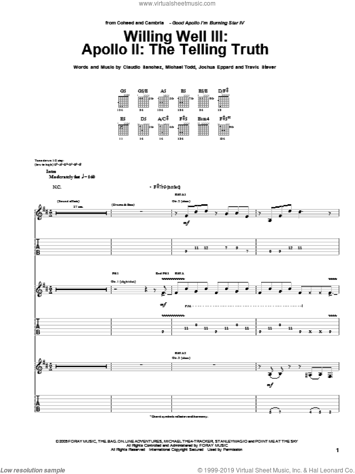 Willing Well III: Apollo II: The Telling Truth sheet music for guitar (tablature) by Coheed And Cambria, Claudio Sanchez, Joshua Eppard, Michael Todd and Travis Stever, intermediate skill level