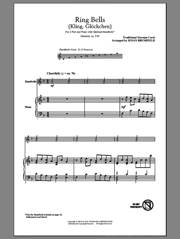 Kling, Glockchen (Ring, Merry Bell) (arr. Susan Brumfield) sheet music for choir (2-Part) by Susan Brumfield and Miscellaneous, intermediate duet
