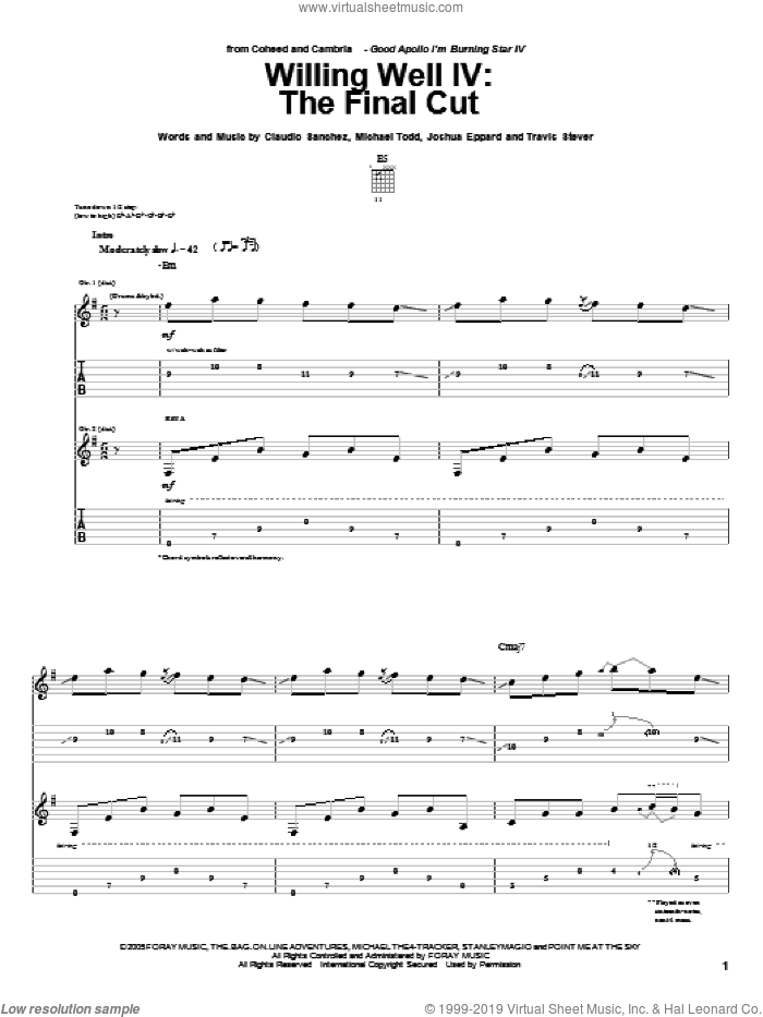 Willing Well IV: The Final Cut sheet music for guitar (tablature) by Coheed And Cambria, Claudio Sanchez, Joshua Eppard, Michael Todd and Travis Stever, intermediate skill level