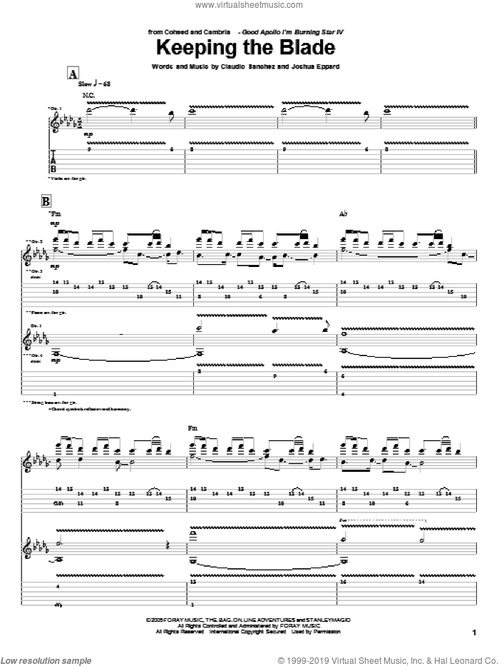 Keeping The Blade sheet music for guitar (tablature) by Coheed And Cambria, Claudio Sanchez and Joshua Eppard, intermediate skill level