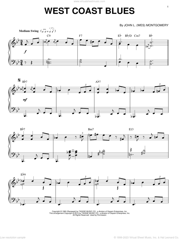 West Coast Blues sheet music for piano solo by Wes Montgomery, intermediate skill level