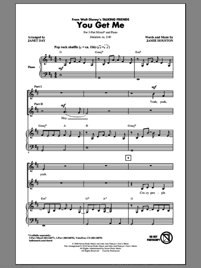 You Get Me sheet music for choir (3-Part Mixed) by Jamie Houston and Janet Day, intermediate skill level