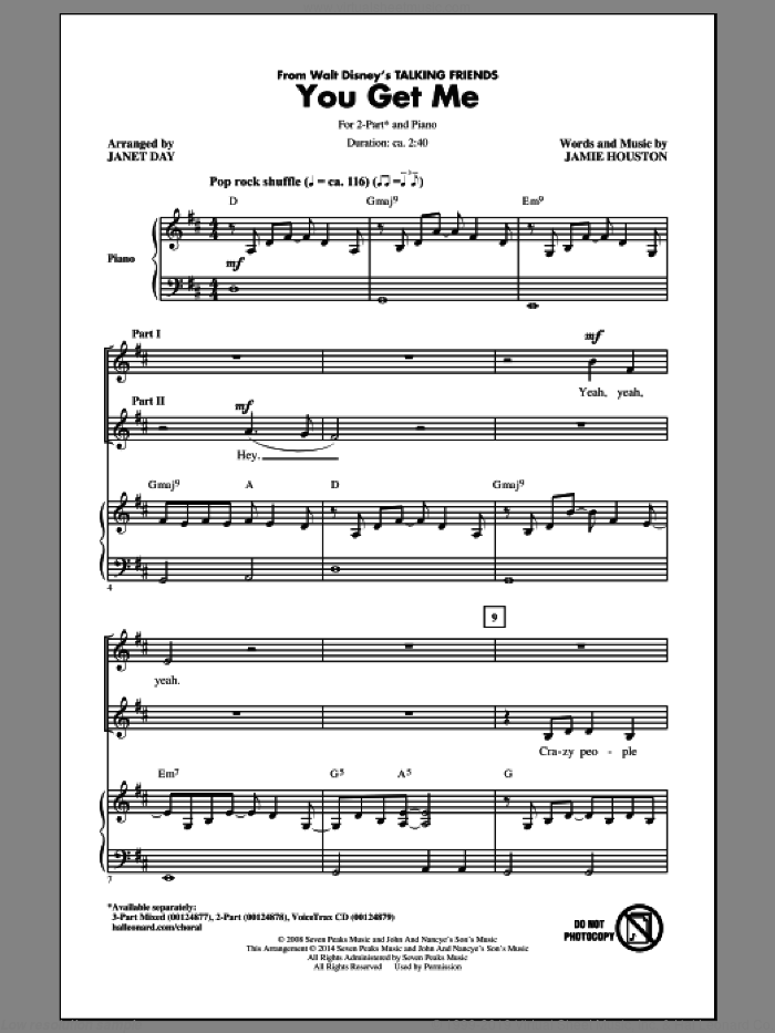 You Get Me sheet music for choir (2-Part) by Jamie Houston and Janet Day, intermediate duet