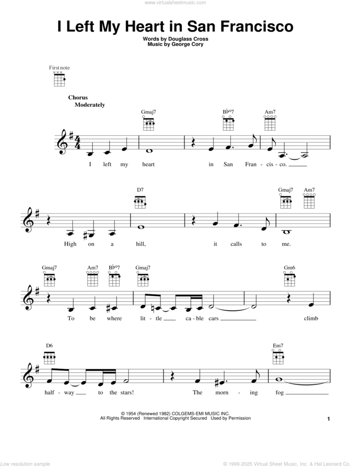 I Left My Heart In San Francisco sheet music for ukulele by Tony Bennett, intermediate skill level