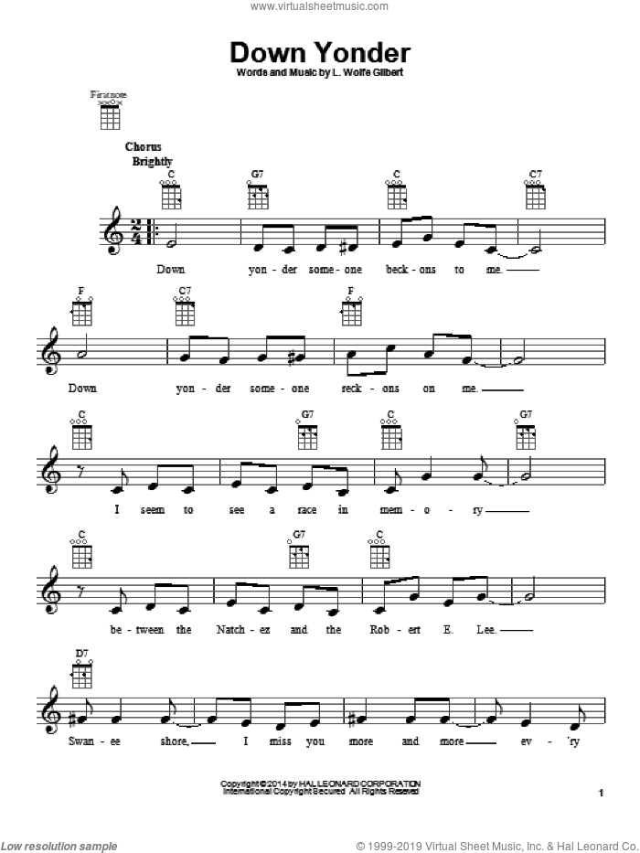 Down Yonder sheet music for ukulele by L. Wolfe Gilbert, intermediate skill level