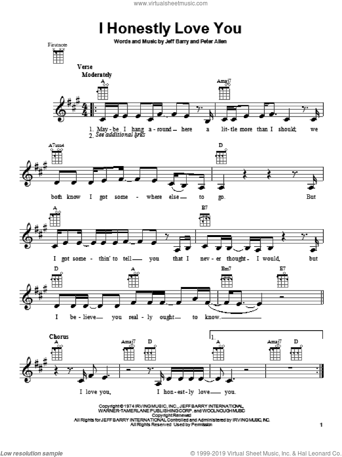 I Honestly Love You (from The Boy From Oz) sheet music for ukulele by Olivia Newton-John, intermediate skill level