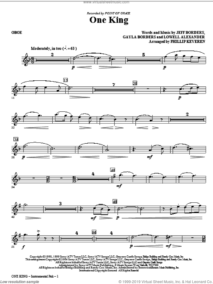 One King (arr. Phillip Keveren) sheet music for orchestra/band (oboe) by Lowell Alexander, Gayla Borders, Jeff Borders, Phillip Keveren and Point Of Grace, intermediate skill level