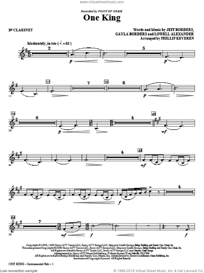 One King (arr. Phillip Keveren) sheet music for orchestra/band (Bb clarinet) by Lowell Alexander, Gayla Borders, Jeff Borders, Phillip Keveren and Point Of Grace, intermediate skill level