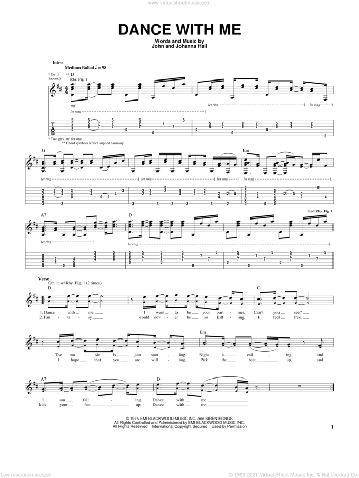Dance With Me sheet music for guitar (tablature) by Orleans, Johanna Hall and John Hall, intermediate skill level