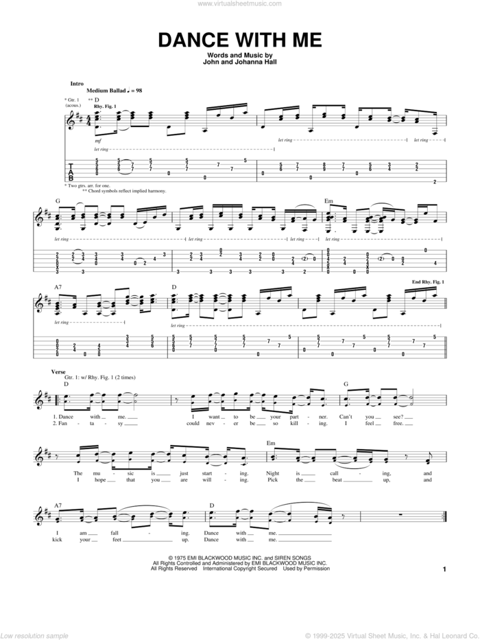 Dance With Me sheet music for guitar (tablature) by Orleans, Johanna Hall and John Hall, intermediate skill level