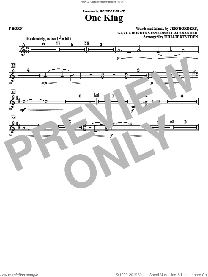 One King (arr. Phillip Keveren) sheet music for orchestra/band (f horn) by Lowell Alexander, Gayla Borders, Jeff Borders, Phillip Keveren and Point Of Grace, intermediate skill level