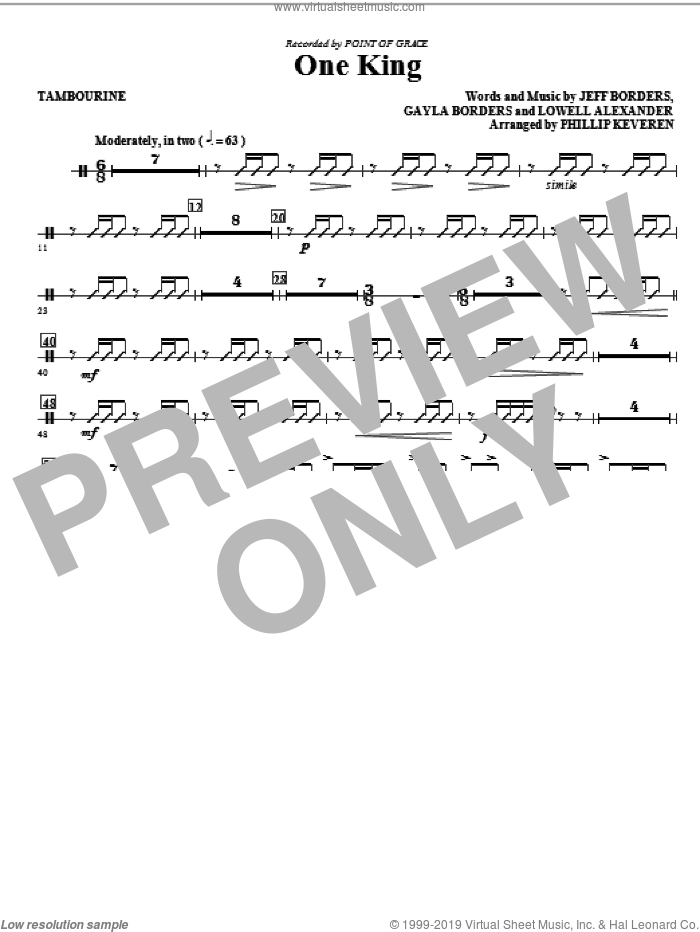 One King (arr. Phillip Keveren) sheet music for orchestra/band (tambourine) by Lowell Alexander, Gayla Borders, Jeff Borders, Phillip Keveren and Point Of Grace, intermediate skill level
