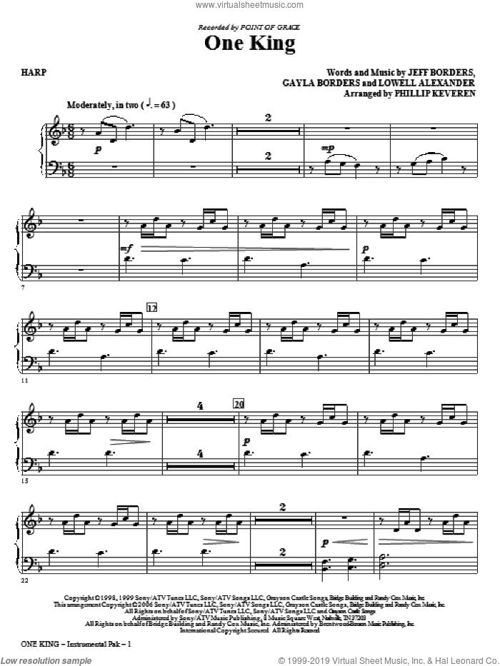 One King (arr. Phillip Keveren) sheet music for orchestra/band (harp) by Lowell Alexander, Gayla Borders, Jeff Borders, Phillip Keveren and Point Of Grace, intermediate skill level