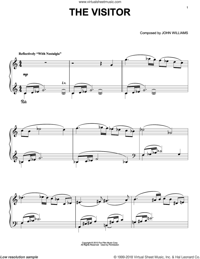 The Visitor sheet music for piano solo by John Williams, intermediate skill level