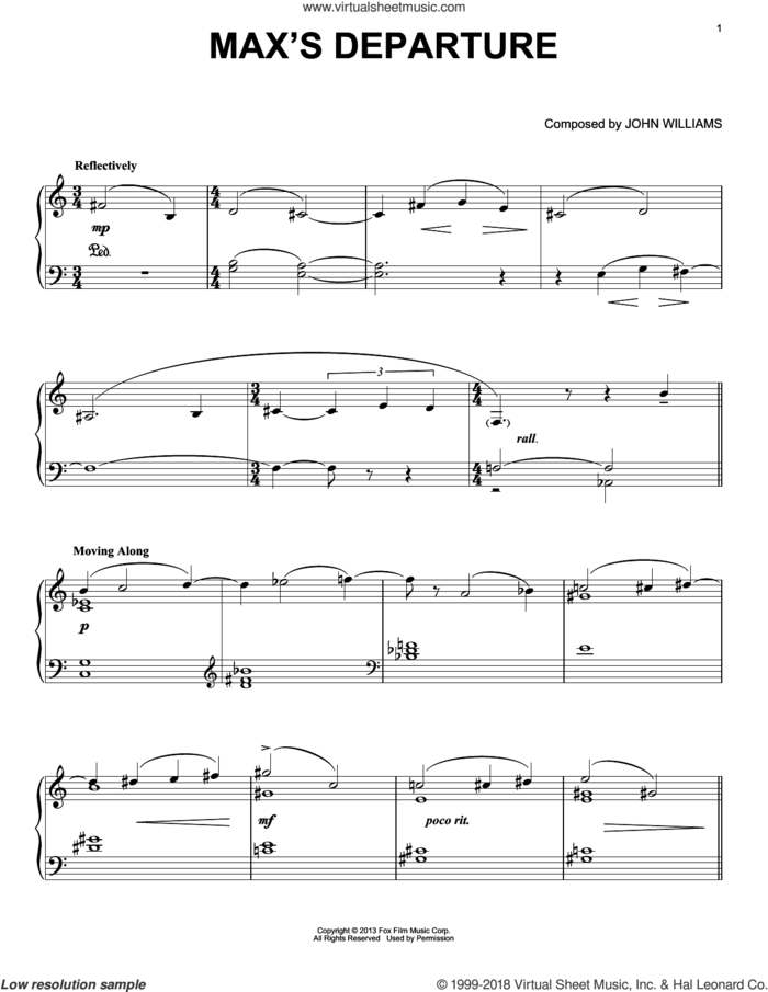 Max's Departure sheet music for piano solo by John Williams, intermediate skill level