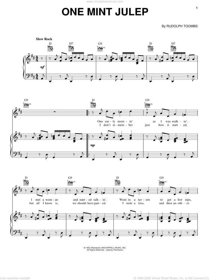 One Mint Julep sheet music for voice, piano or guitar by Count Basie, Chet Atkins and Ray Charles, intermediate skill level