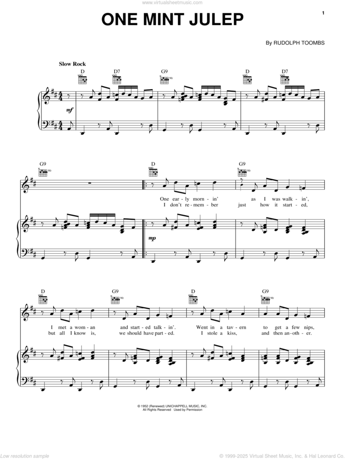 One Mint Julep sheet music for voice, piano or guitar by Count Basie, Chet Atkins and Ray Charles, intermediate skill level