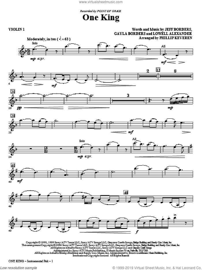 One King (arr. Phillip Keveren) sheet music for orchestra/band (violin 1) by Lowell Alexander, Gayla Borders, Jeff Borders, Phillip Keveren and Point Of Grace, intermediate skill level