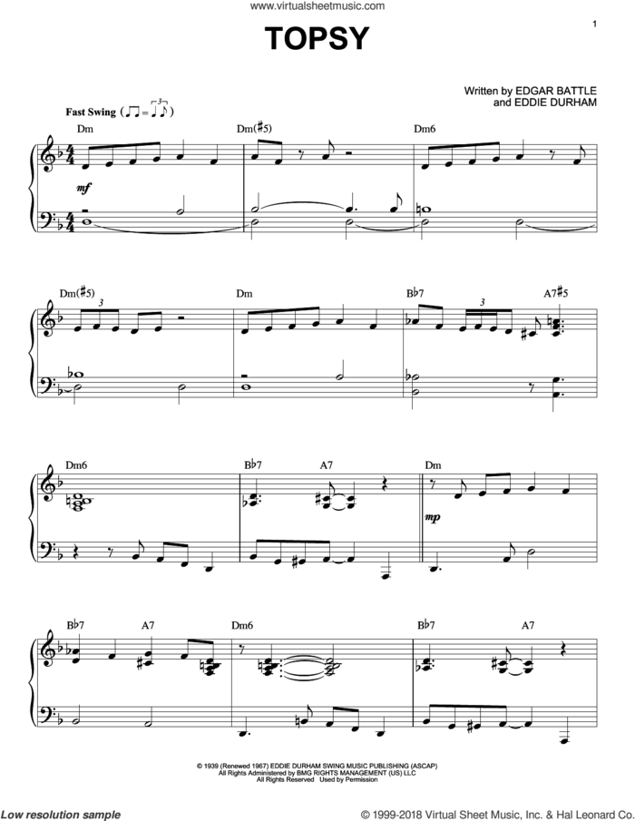 Topsy sheet music for voice, piano or guitar by Count Basie, intermediate skill level
