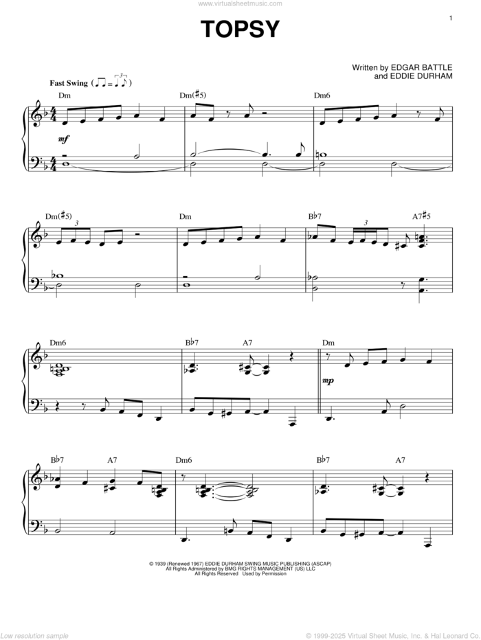 Topsy sheet music for voice, piano or guitar by Count Basie, intermediate skill level