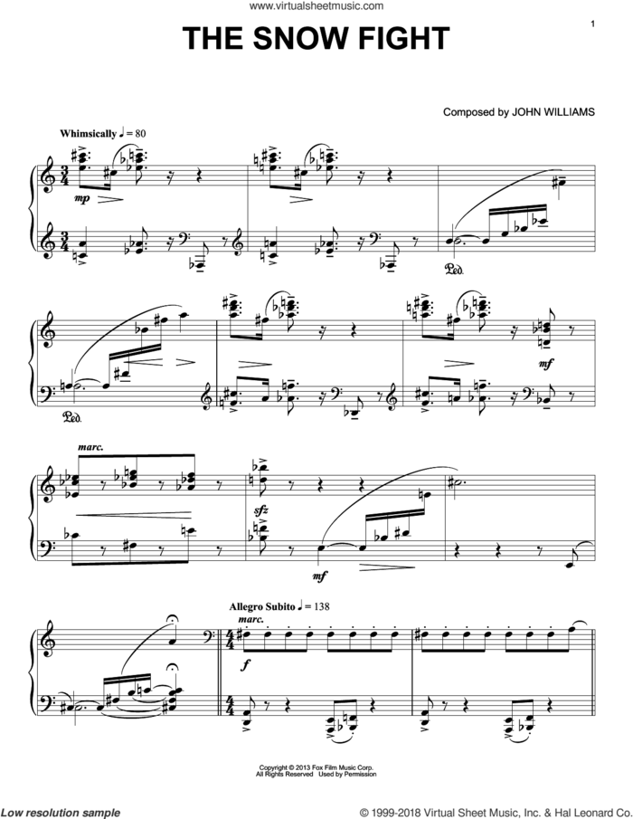 The Snow Fight sheet music for piano solo by John Williams, intermediate skill level