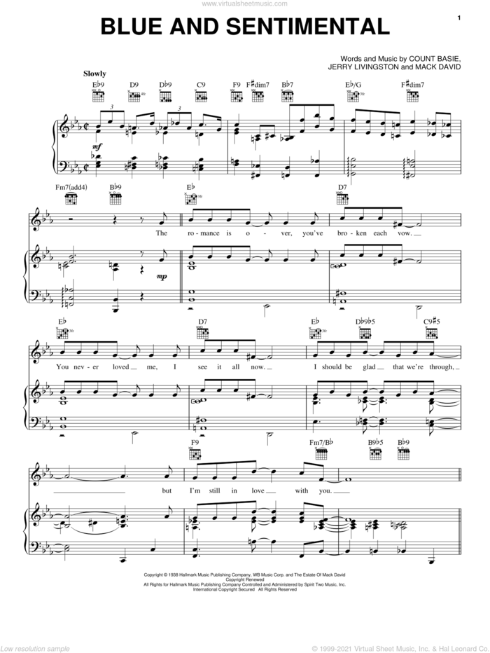 Blue And Sentimental sheet music for voice, piano or guitar by Count Basie, intermediate skill level