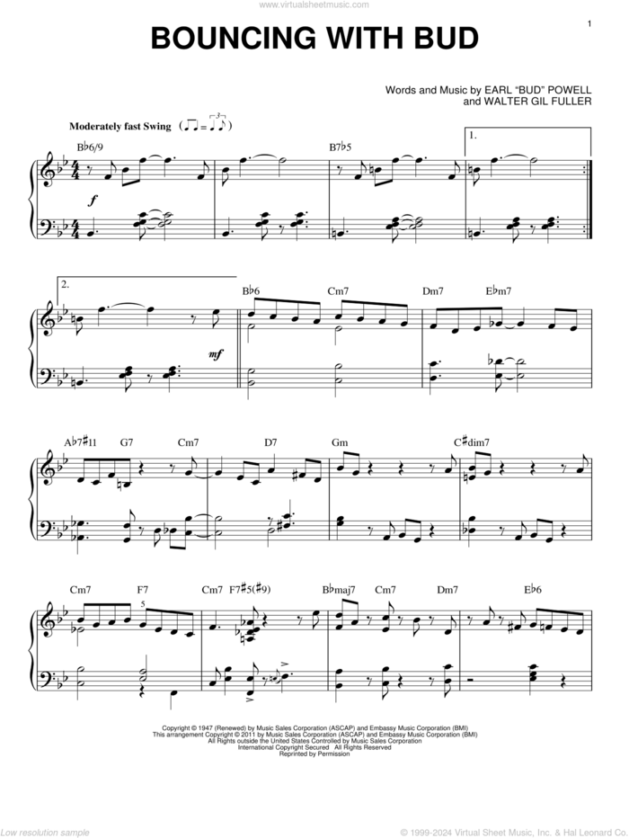 Bouncing With Bud sheet music for piano solo by Bud Powell, intermediate skill level